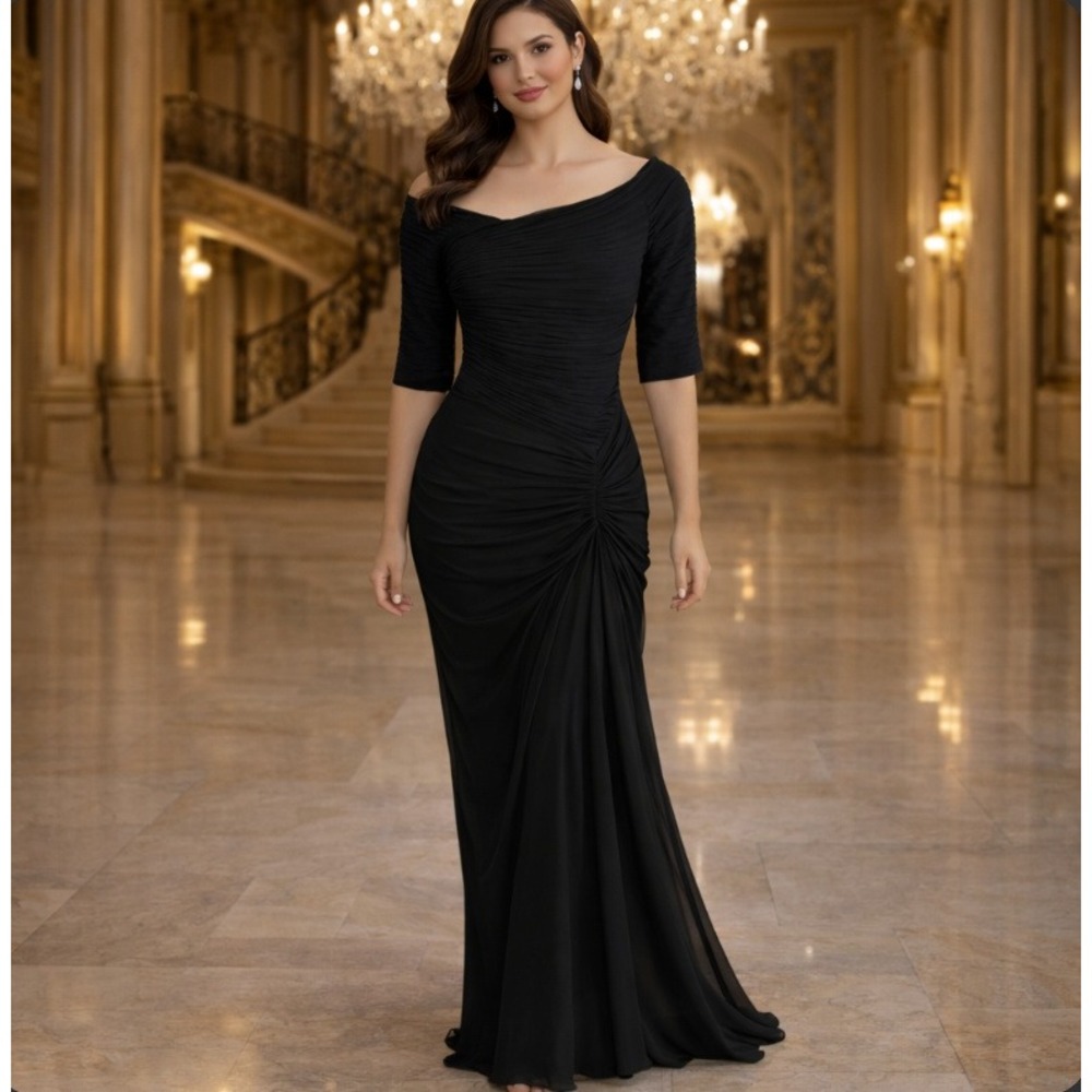 Tadashi Shoji Gown sz XS Black Ruched Pleated Mesh Asymmetric Neckline